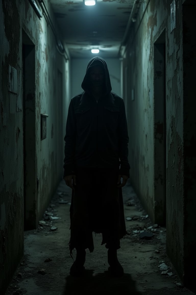 A surreal liminal space, an eerie building with faded walls and flickering lights. A mysterious person standing static, dressed in dark, tattered clothing, their face obscured by shadows. The composition is centered, with the person framed in the middle of the corridor, creating a sense of unease. The lighting is dim and inconsistent, casting long, distorted shadows. The location is a forgotten, abandoned structure, evoking a haunting atmosphere.