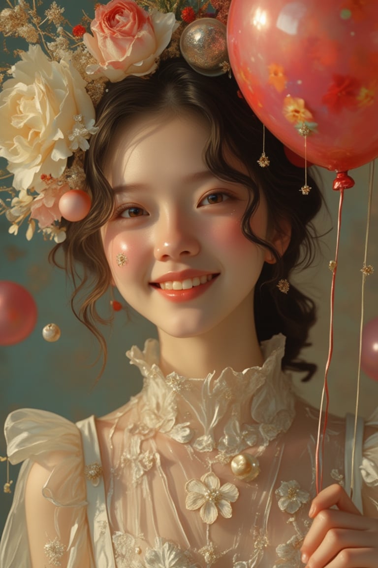 A girl in a Pixomeda style, vibrant and surreal. She is framed in a mid-shot, holding a balloon with a happy expression. Soft, warm lighting highlights her elegant features and joyful demeanor. Her pose is relaxed, with a bright smile. The composition is balanced, with intricate details and a dreamlike atmosphere. The background is abstract and colorful, enhancing her playful and ethereal presence.