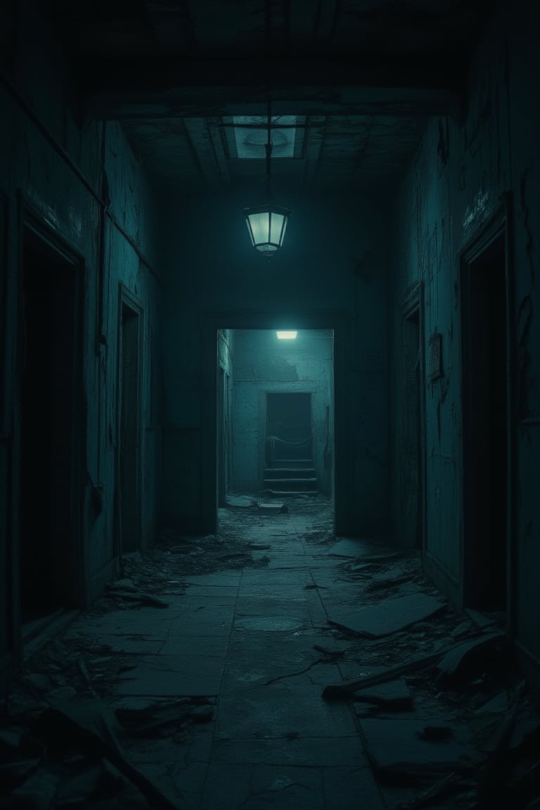 A cinematic close-up shot of a dimly lit, eerie hallway in an old, decrepit house. The walls are peeling, with dark shadows lurking in the corners. The camera slowly pans down the hallway, revealing a flickering light at the end. The atmosphere is tense and unsettling, with a sense of impending horror. The composition draws the viewer's eye towards the source of the light, creating a suspenseful and ominous mood.,Capullo,Liminal Space