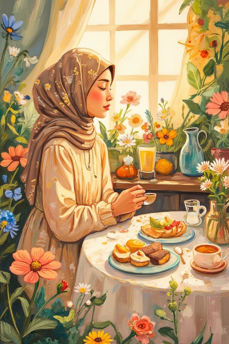 A Tove Jansson-inspired illustration of a Malay woman wearing a hijab and a loose dress, seated at a table enjoying breakfast in the morning. The soft, warm light of dawn illuminates her serene expression and the delicate patterns of her dress. The composition is cozy, with the table set with a simple breakfast, and the woman's hijab and dress flowing gently. The background features a peaceful, homey setting, evoking a sense of comfort and tranquility.