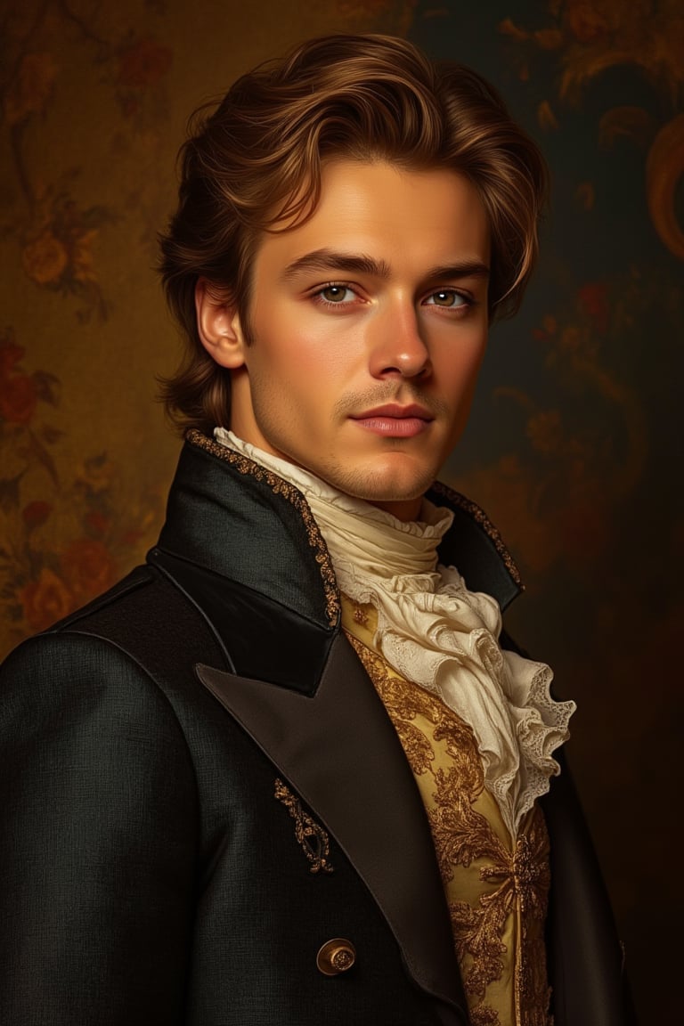 A Jules style portrait of a handsome prince charming, dressed in luxurious Victorian clothing. The image is framed in a medium close-up, capturing his regal attire and confident expression. Soft, warm lighting highlights his features, with a detailed background that evokes a sense of grandeur and elegance.