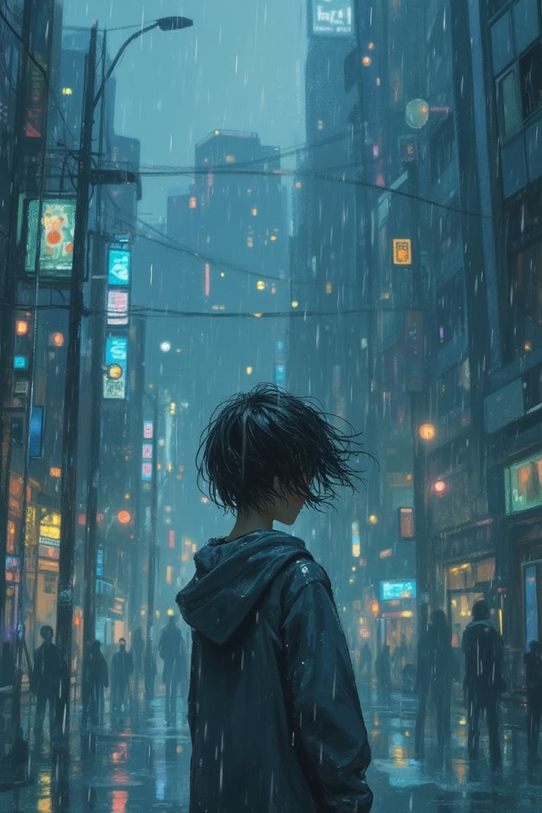 A young boy standing alone in the rain, his face partially obscured by the falling droplets. The scene is illuminated by the soft, diffused light of a rainy day, with the background featuring a serene, almost dreamlike cityscape. The composition frames the boy in the center, with the rain creating a dynamic and moody atmosphere, reminiscent of Makoto Shinkai's style.