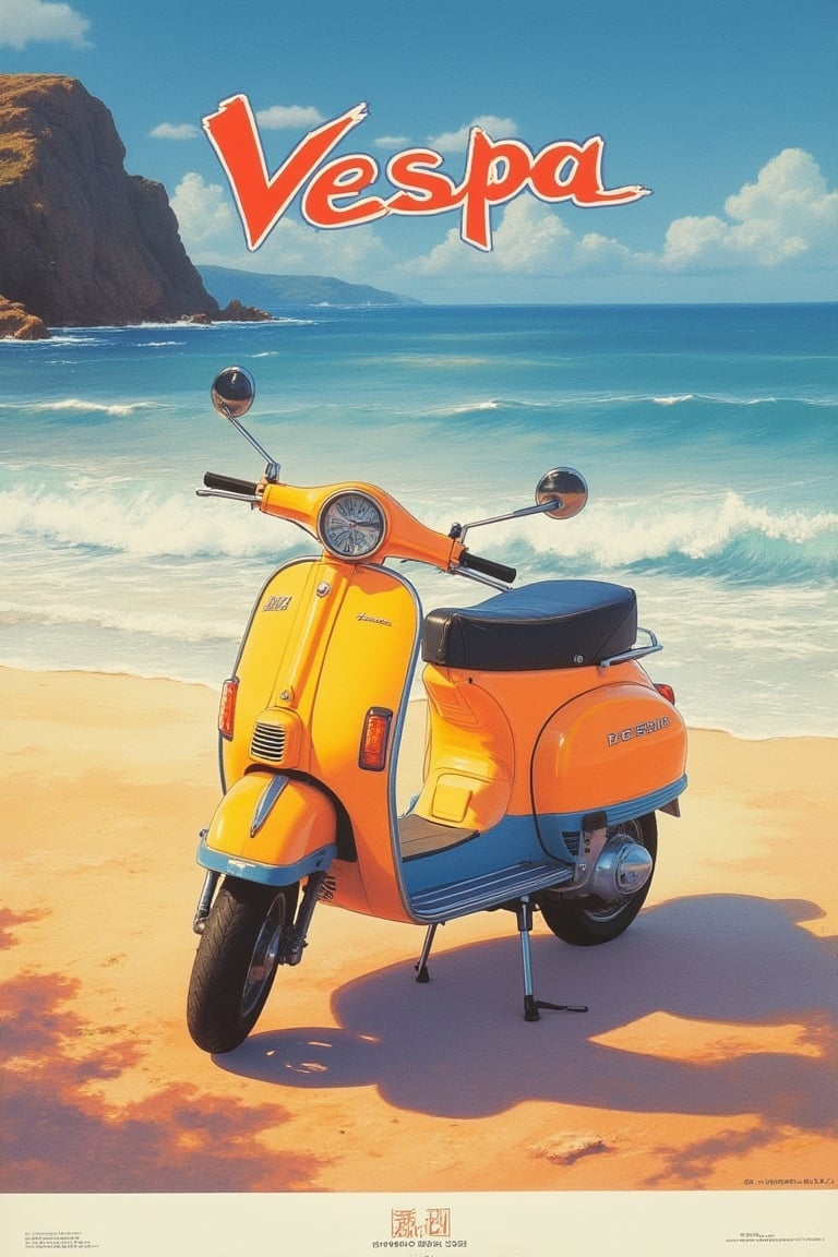 1986 Japanese anime movie poster featuring VESPA, a yellow and blue Vespa scooter on a beach. The poster showcases a wide-angle shot of the Vespa parked on the sandy shore, with gentle waves lapping at the shoreline. The lighting is soft and warm, highlighting the vibrant colors of the scooter and the serene beach setting. The composition emphasizes the Vespa's retro design and the peaceful coastal atmosphere. The text is elegantly placed, blending with the natural beauty of the beach. The overall design captures the essence of a nostalgic beach adventure.