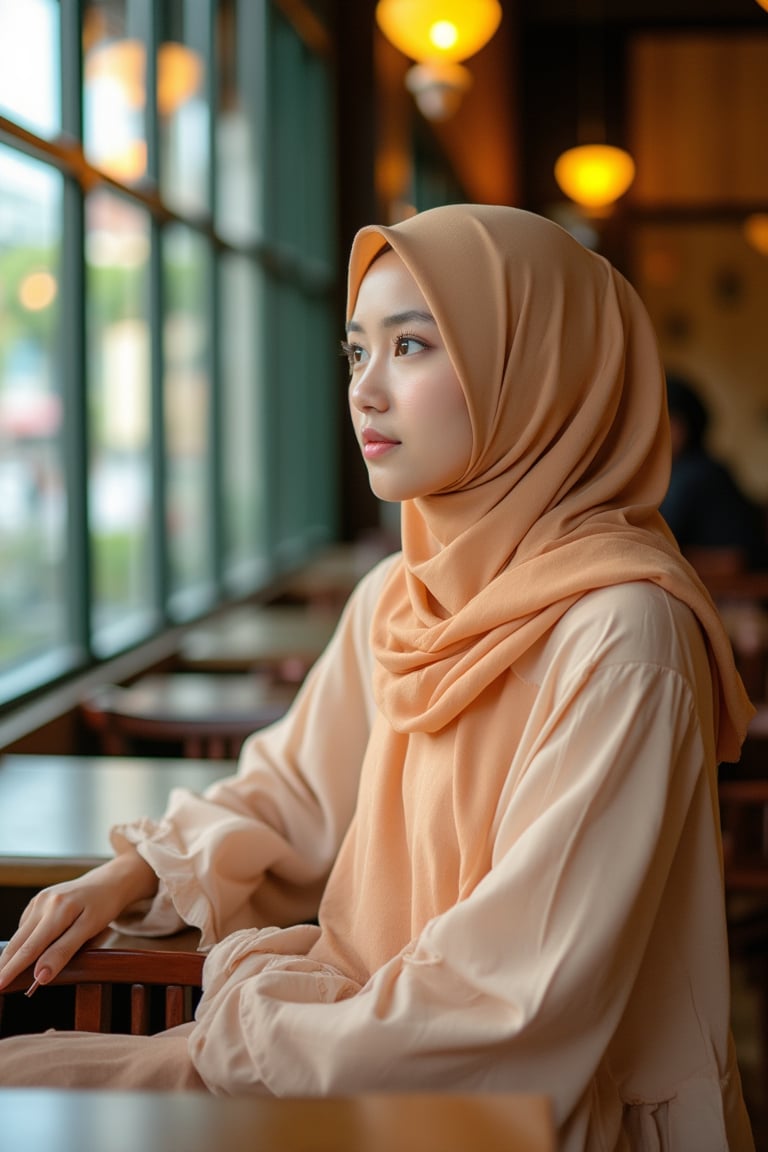 A young lady, wearing a baju kurung, fashionista style, long loose pastel hijab, plain yet vibrant color cloth, sitting in a cafe, looking outside from a cafe window, medium shot, warm cafe lighting, composition centered on her stylish outfit and contemplative expression, cozy and vibrant atmosphere.