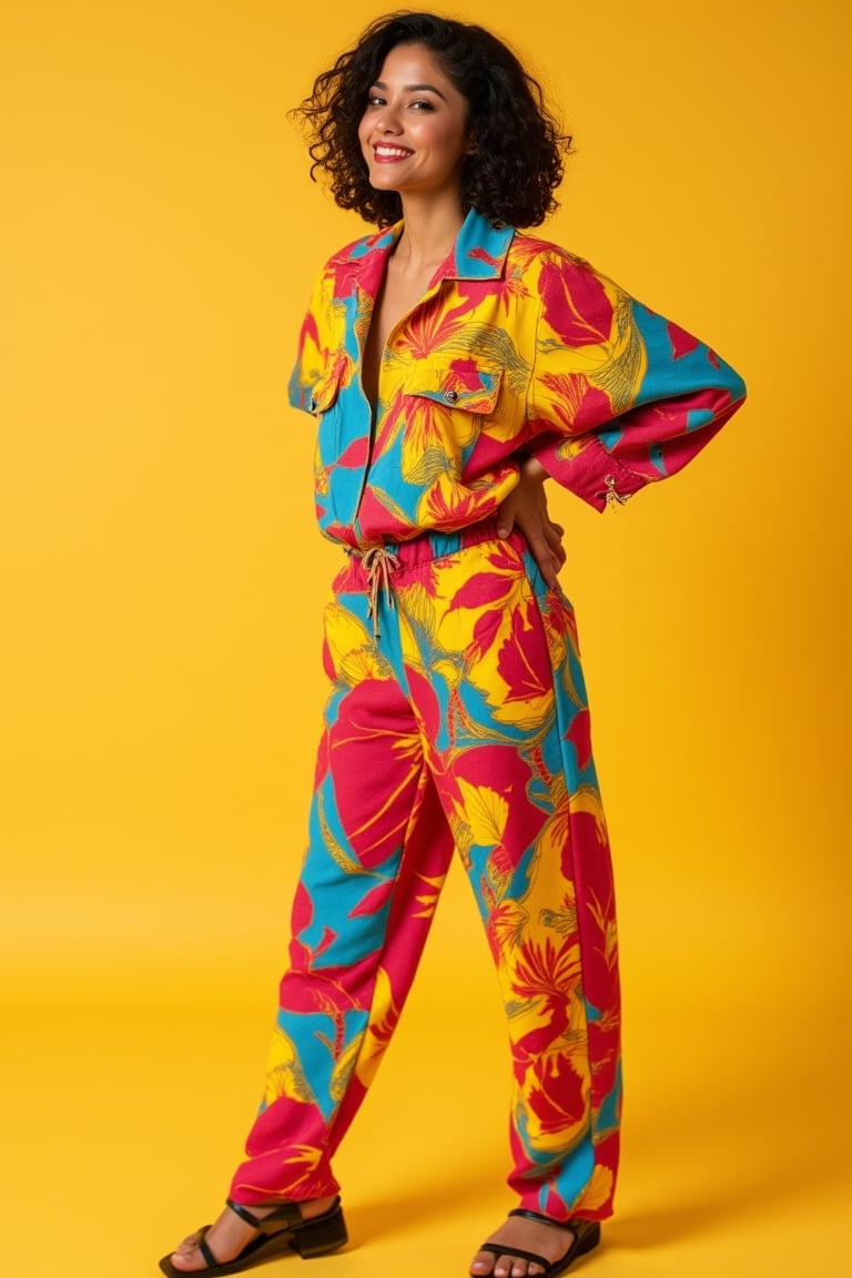 A full-body shot of a pretty Malay woman in her mid-20s, posing as a model. She has black-brown short wavy hair and is wearing vibrant, colorful clothing. The scene is brightly lit, highlighting her confident stance and stylish outfit. The composition captures her from head to toe, emphasizing her dynamic pose and the bold patterns of her attire.