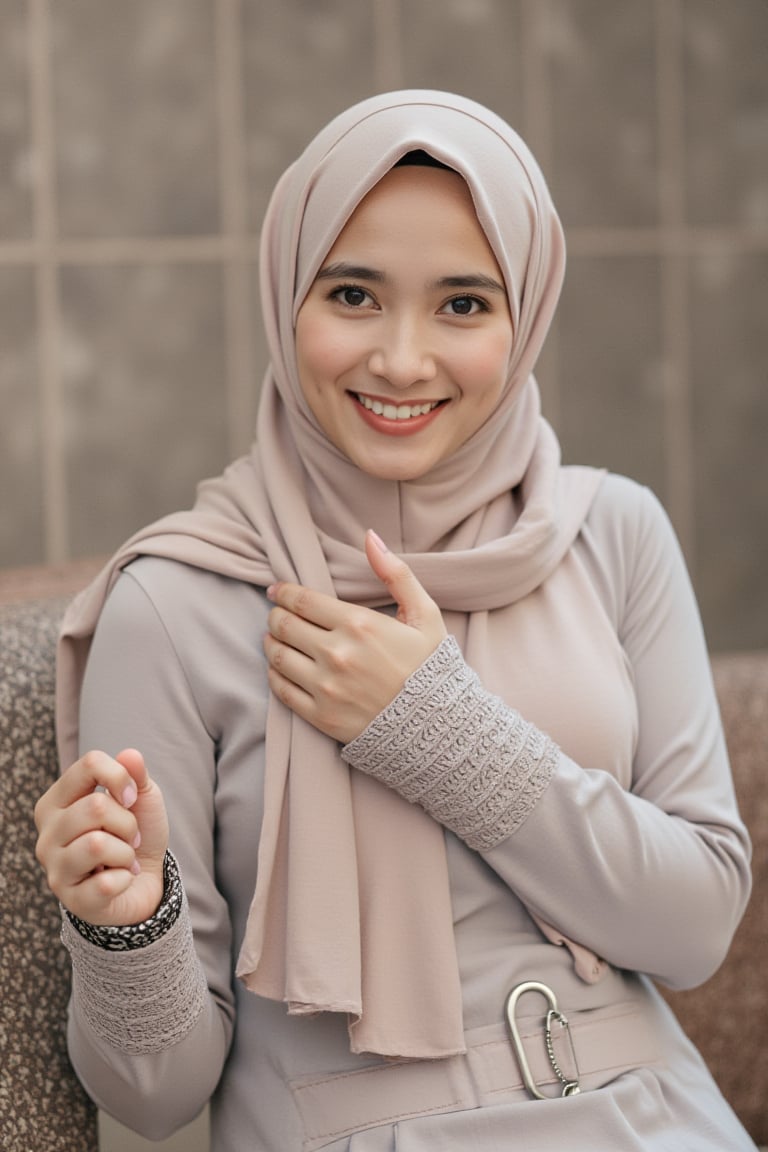 A 20-year-old Malay woman in a hijab and baju kurung smiles softly, capturing a soothing and calming essence for her Facebook profile picture and Instagram OOTD. The composition is vertical, highlighting her serene expression and traditional attire. --ar 3:4 --style raw --v 6.1