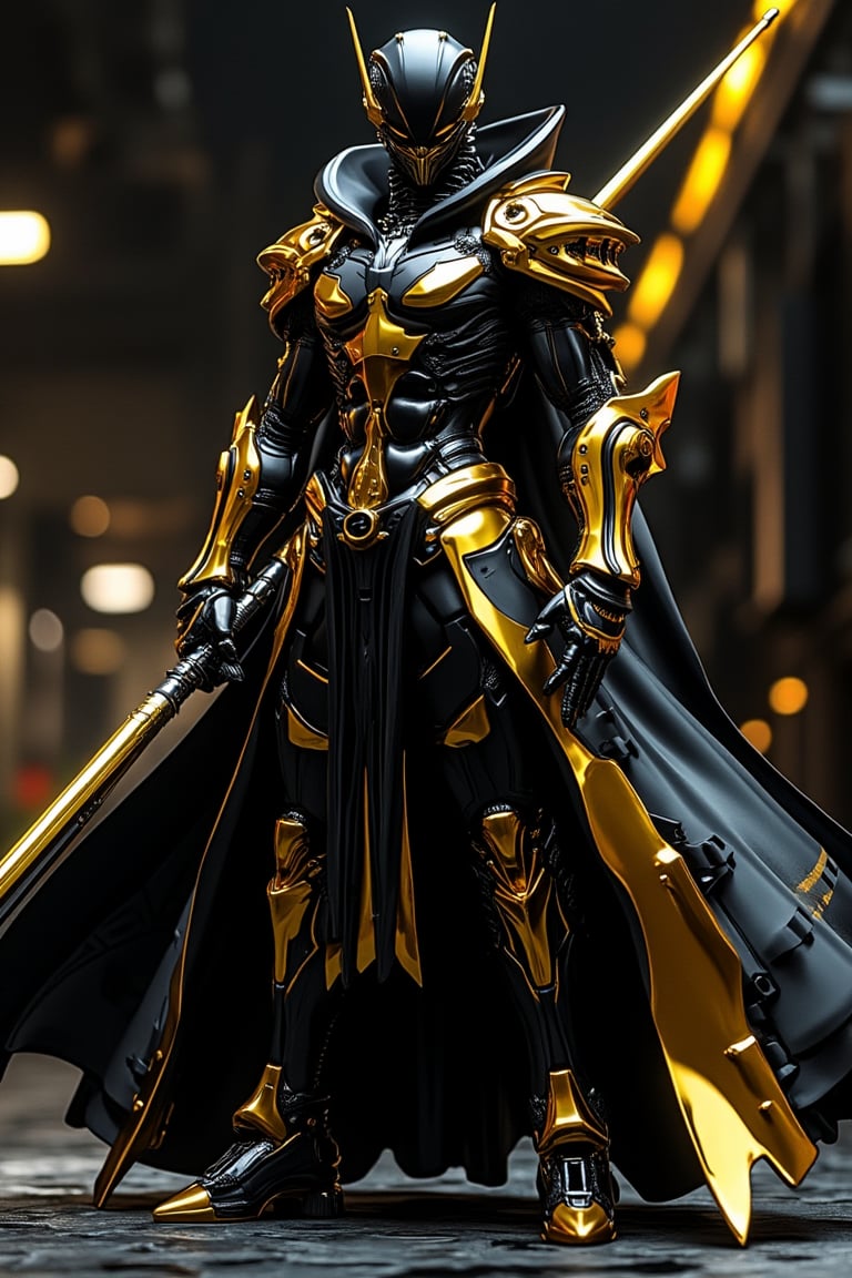 Full body shot of a gold and black matte skin Genetic Cyberpunk Royal Guard with chrome-shining bodywork featuring a ceramic effect, designed in the style of Mamoru Nagano and Noriyoshi Ohrai. The figure wields a long scythe weapon and is illuminated by studio lighting, showcasing polycarbonate bodywork and ceramic details with precision. Set against a dystopian, dynamic background, the image is rendered in hyper-realism with sharp focus, emphasizing minimalist, intricate details.