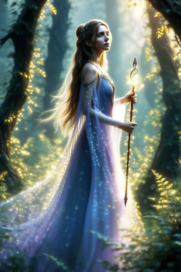 A pretty woman stands gracefully in a magical forest, surrounded by glowing, bioluminescent plants and towering ancient trees with shimmering leaves. The scene is bathed in soft, ethereal light, casting a magical glow on her flowing, enchanted gown. She holds a staff adorned with glowing crystals, her expression serene and mystical. The composition is balanced, with the woman in the center, framed by the mystical forest.