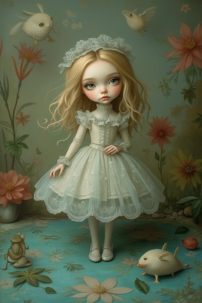 A whimsical scene inspired by Nicoletta Ceccoli and Daria Petrilli, featuring an Alice in Wonderland character with an ethereal, delicate face and large, expressive eyes. The composition is framed mid-shot, capturing her elegant pose and the intricate details of her attire. The lighting is soft and dreamlike, casting a gentle glow on her figure. The background is a fantastical, surreal landscape with vibrant colors and whimsical elements, emphasizing the magical atmosphere.