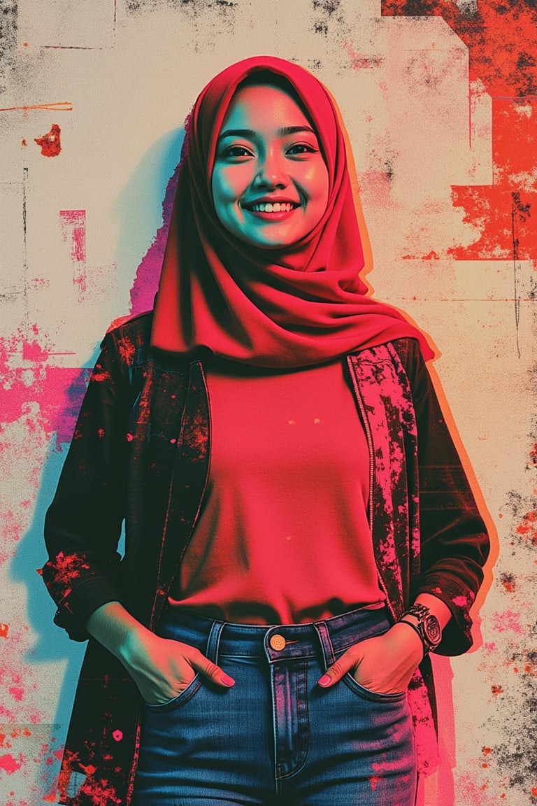 A mixed media portrait of a pretty Malay woman, framed mid-shot with soft, warm lighting. She wears a plain loose long hijab, a fashion blouse, and denims, smiling warmly. The composition blends digital and traditional elements, featuring vibrant colors and intricate textures.