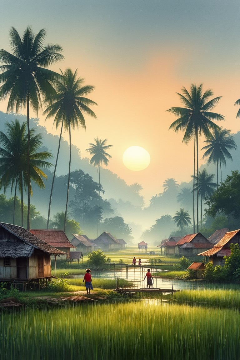 A serene kampong scene in a Malay village, traditional wooden houses with palm leaf roofs, lush green rice fields in the foreground, coconut trees swaying gently in the breeze. The sun is setting, casting a warm golden glow over the landscape, with a clear blue sky in the background. A small river meanders through the village, with a wooden bridge connecting the houses. A few villagers are seen working in the fields or walking along the path, dressed in traditional Malay attire. The composition is balanced, with the village in the center and the rice fields and river leading the eye into the distance.