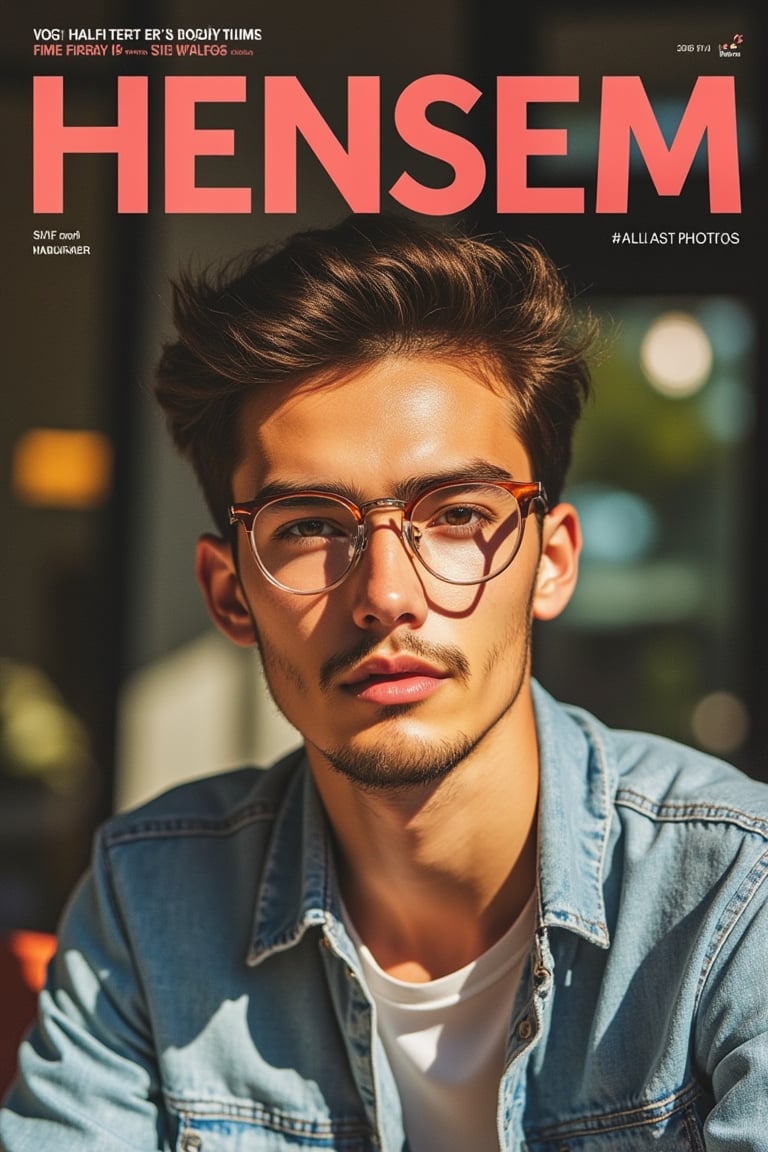 captivating magazine photo cover for HENSEM featuring a handsome Malay man wearing casual wear. Close-up shot of his face, with stylish glasses adding a modern touch. Soft natural lighting, highlighting his confident expression and casual attire. The composition is balanced, with his eyes looking directly at the camera. The background is subtle, focusing attention on his stylish look and confident demeanor.