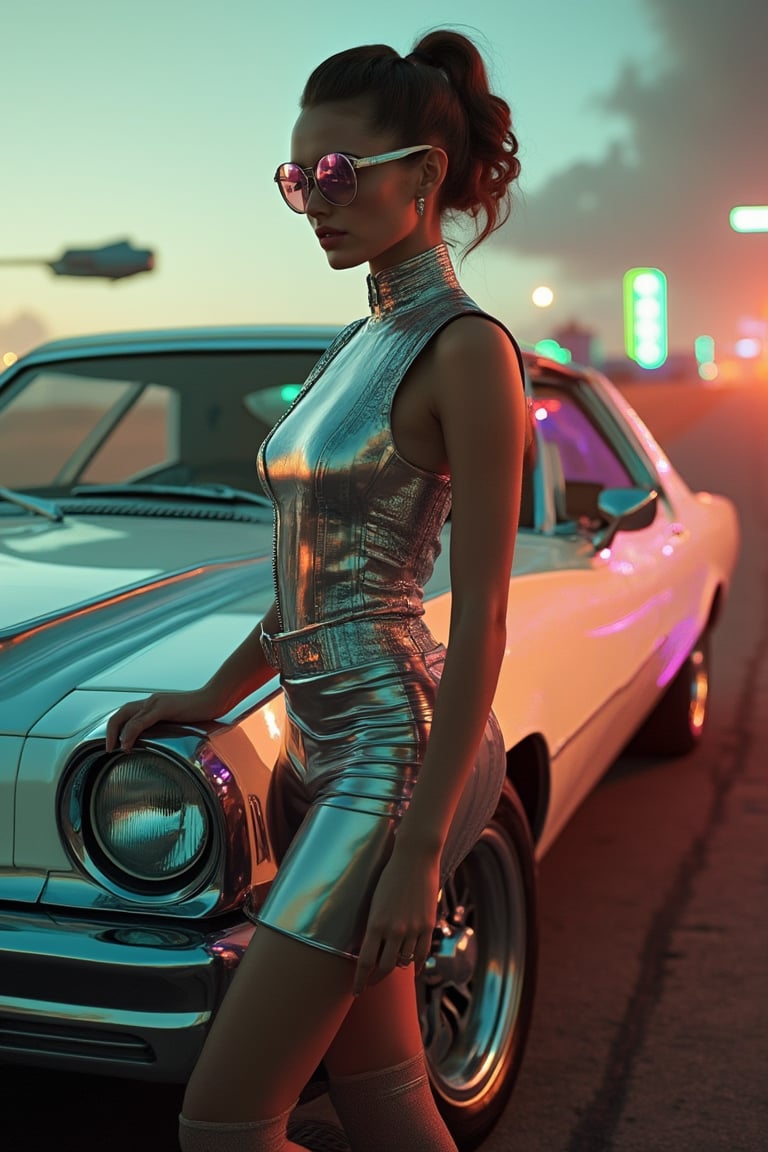 A retro-futuristic scene of a woman in a sleek, metallic dress with digital patterns and neon accents, leaning against a chrome-plated car. The car has a vintage design with futuristic elements like neon lights and holographic panels. The woman stands confidently on a road at dusk, with soft, warm lighting casting a glow on her and the car. The background features a cityscape with neon signs and flying vehicles, blending the past and future. The composition frames her prominently, with one hand resting on the car, capturing the essence of retro-futuristic style.