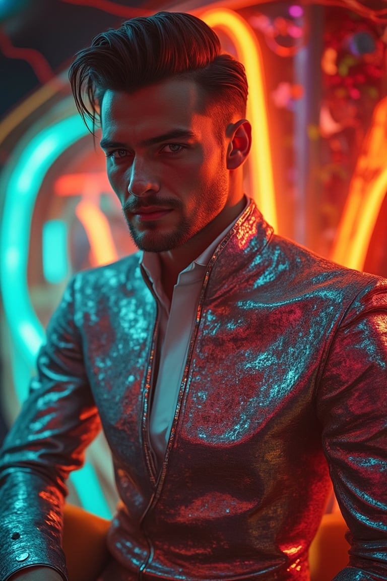 A retro-futuristic portrait of a handsome man. He wears a sleek, metallic suit with digital patterns and neon accents, reminiscent of 1950s fashion fused with futuristic elements. His chiseled features are softly lit with warm, ambient lighting, highlighting his striking appearance. The composition frames him in a confident pose, with a subtle smile, capturing the blend of nostalgia and innovation. The background features a blurred, abstract pattern of neon lights and old-school circuitry, enhancing the retro-futuristic atmosphere.