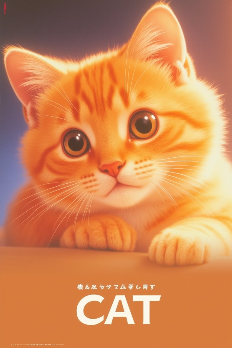 1986 Japanese anime movie poster featuring CAT, a cute orange cat. The poster showcases a close-up shot of the cat, with soft, warm lighting highlighting its adorable features. The composition emphasizes the cat's expressive eyes and fluffy fur, capturing its charm and cuteness. The background is minimalistic, allowing the cat to be the focal point. The text is elegantly placed, blending with the gentle atmosphere of the scene. The overall design captures the essence of a heartwarming and endearing character.