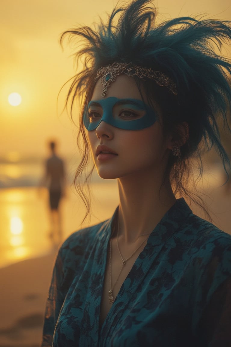 

A cinematic film still captures an intimate moment on a serene beach. A close-up shot focuses on a Malay woman dressed in a stylish abaya and modern cloth, her elegant appearance accentuated by the subtle glow of a sunset behind her. Her striking features are highlighted under soft natural light as she wears a majestic feather tiara, while a bold blue latex mask adorns her face with an air of mystery. The shallow depth of field creates a dreamy atmosphere, blurring the surrounding beach and emphasizing our subject's presence against a subtle vignette effect. Highly detailed textures showcase every intricate fold on the abaya, adding to the overall sense of luxury and high budget production values in this moody, epic scene set with cinematographic flair that transports us into an enchanting cinematic universe.,Cinematix Warm,CamCan Effect,cinematicxhan