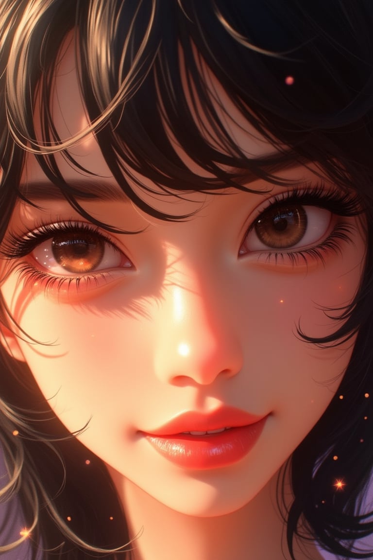 Close-up shot focusing on the eyes, eyelashes, and glossy lips of a cheeky and beautiful woman with messy black hair and a smile. The scene is brightly lit, highlighting her expressive eyes and delicate features. The composition captures the whimsical and dreamy essence of the NijiMax art style, with a shining effect emphasizing her radiant beauty.