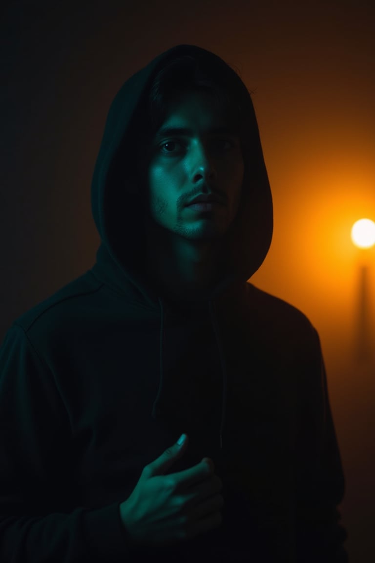 Cinematic warm lighting with dark, eerie undertones, a mysterious man in a hoodie. The shot is framed close-up, capturing his enigmatic expression and partially obscured face. The composition is centered, with a dimly lit background, emphasizing his shadowy presence. His hands are slightly visible, adding to the intrigue.