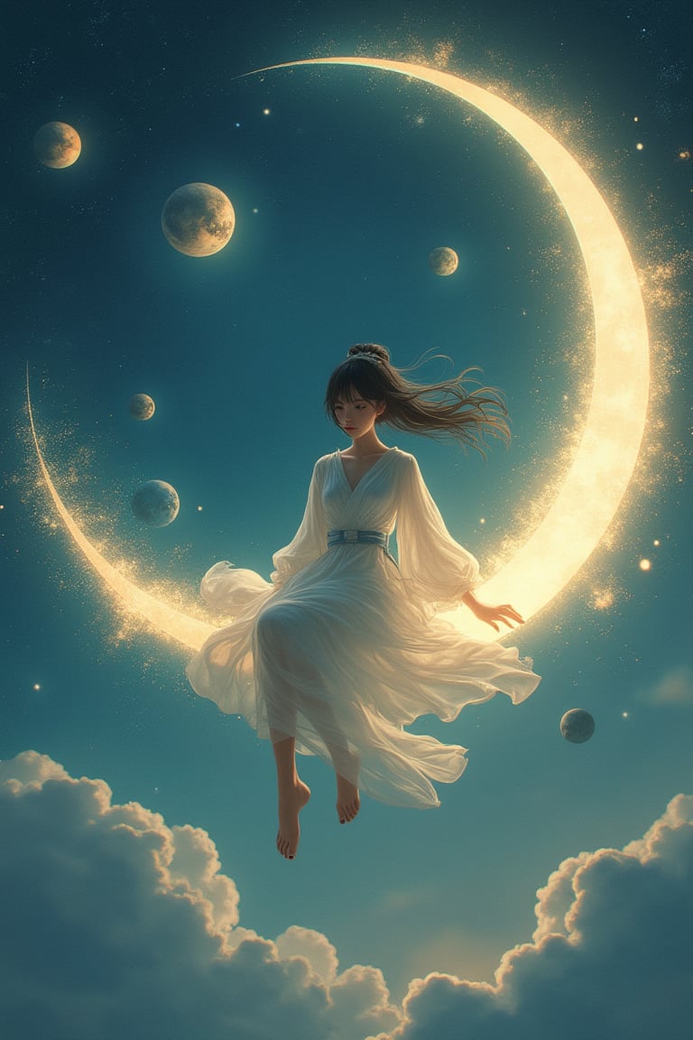 A high-quality, high-resolution wallpaper featuring a girl in Hanfu sitting on a crescent moon, wearing silk stockings and barefoot. She is surrounded by dreamy planets, viewed from the feet upwards, creating a mysterious and romantic atmosphere. The image is of the best quality and a masterpiece, capturing the ethereal and enchanting scene with intricate detail.