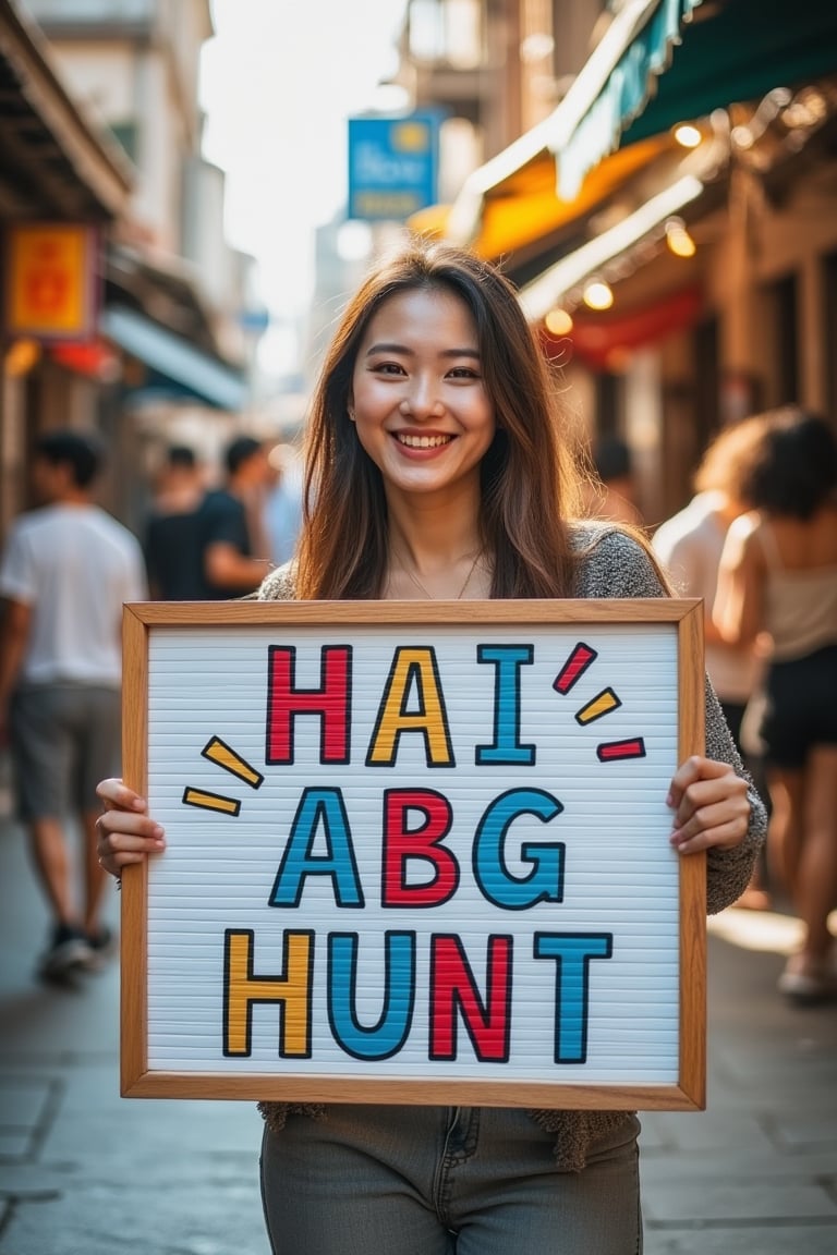 A vibrant shot of a Korean-looking woman holding a signboard with the text HAI ABG HUNT in playful, bold letters. She stands with a cheerful expression, one hand holding the board. The scene is set in a lively urban environment with colorful street art and bustling activity. The lighting is bright and dynamic, capturing the energy of the surroundings. The composition focuses on the woman and the signboard, with the text clearly visible.