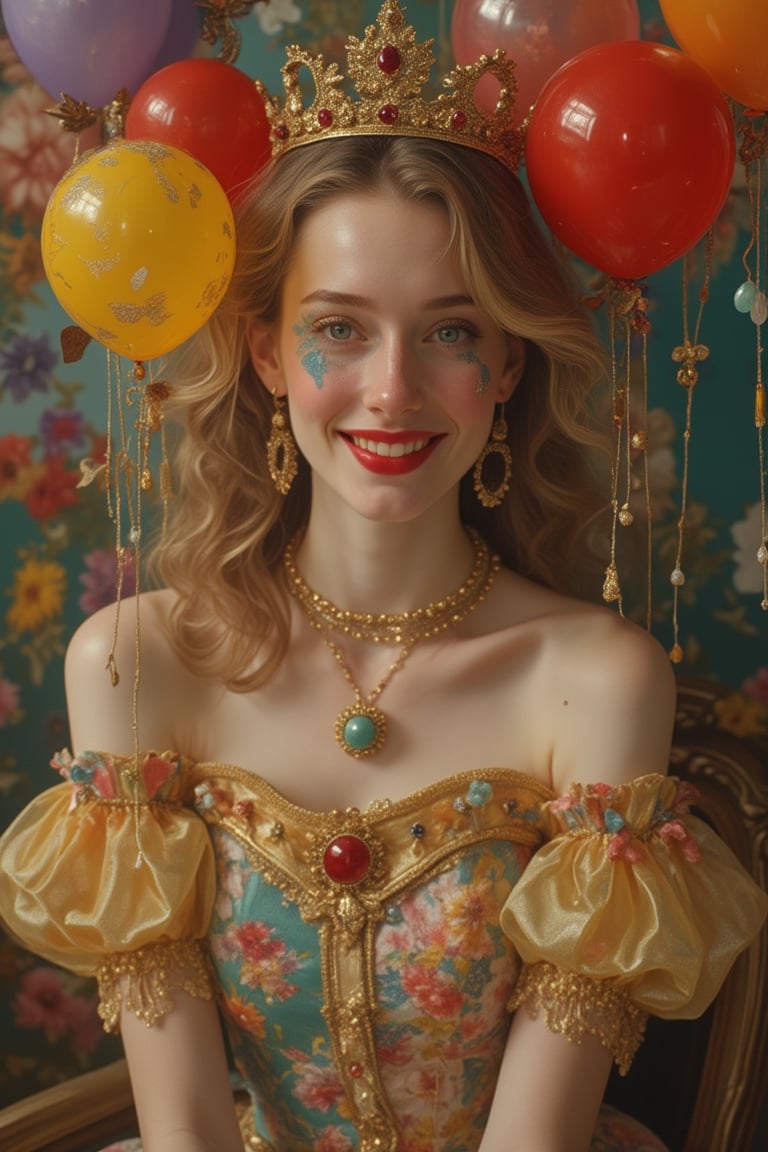 A beauty woman in a Pixomeda style, vibrant and surreal, with a clown-style appearance. She is framed in a mid-shot, wearing a princess dress and clown makeup, exuding a happy and whimsical vibe. Soft, warm lighting highlights her elegant features and joyful expression. Her pose is playful, with a bright smile. The composition is balanced, with intricate details and a dreamlike atmosphere. The background is abstract and colorful, enhancing her unique and enchanting presence.