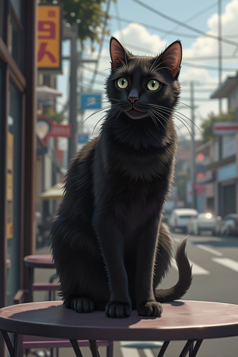 Hyper-realistic anime scene, black cat on table, close-up shot, soft lighting, centered composition, detailed fur texture, alert expression, urban background, muted color palette, slight shadows, calm atmosphere, modern interior setting.