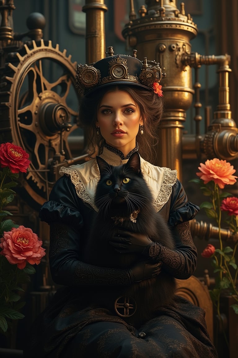 A steampunk ambience with a woman holding a black cat in the foreground, surrounded by intricate gears, brass machinery, and flowers. The scene is illuminated by warm, ambient lighting, casting long shadows. The woman is dressed in a Victorian-era outfit, with the cat perched on her lap. The background features a steam engine and various mechanical contraptions. The composition is balanced, with the woman and cat in the center, framed by the detailed steampunk environment and vibrant flowers.