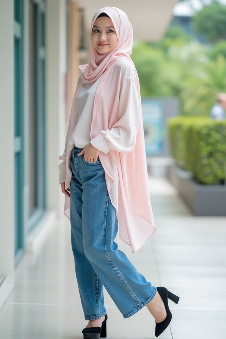 A sweet, cheeky Malay woman with a pastel plain, stylish loose long hijab smiles playfully. She wears a fashionable loose long-sleeve shirt and baggy denim pants, paired with black heels. She stands confidently, her loose hijab flowing gently in the breeze, creating a relaxed yet chic look. The soft pastel colors of her hijab contrast beautifully with her denim pants, while her smile adds a warm, inviting charm to the scene.