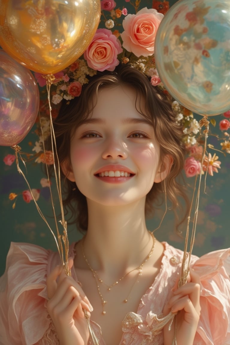 A girl in a Pixomeda style, vibrant and surreal. She is framed in a mid-shot, holding a balloon with a happy expression. Soft, warm lighting highlights her elegant features and joyful demeanor. Her pose is relaxed, with a bright smile. The composition is balanced, with intricate details and a dreamlike atmosphere. The background is abstract and colorful, enhancing her playful and ethereal presence.