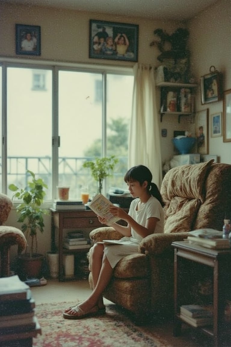 A 1990s Malaysian living room scene with a young girl, aged 8-10, sitting on a cozy armchair, engrossed in reading a book. She is dressed in a simple dress and sandals, with her hair neatly tied back. The room is modestly furnished, with traditional decor and a large window allowing natural light to fill the space. The girl holds the book close to her face, her posture relaxed and focused. The background includes family photos on the walls and a few houseplants, capturing the cozy atmosphere of a 1990s Malaysian home.