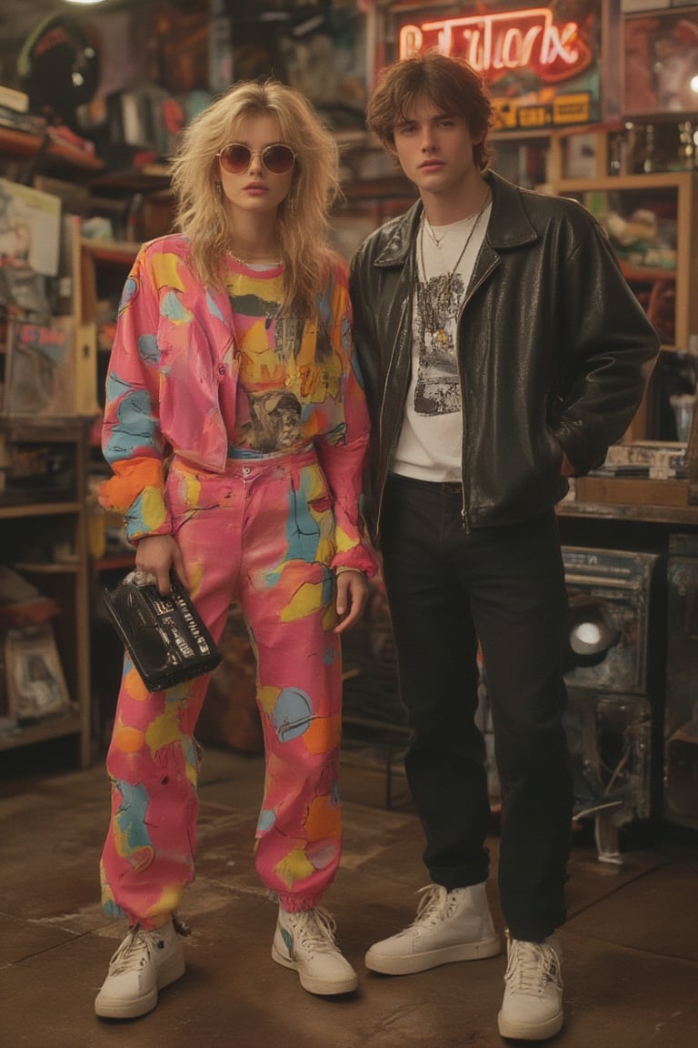 A blast from the past! A stylish woman in bold, tee shirt ,and jacket retro attire - think graphic prints and bright hues - stands tall alongside her dashing companion, clad in a sleek leather jacket and high-top sneakers. Amidst a backdrop of nostalgia, cassette tapes, vinyl records, and neon signs, they radiate a vibrant 1980s-1990s essence. The scene is bathed in a warm, nostalgic glow, as the woman holds a boombox at her hip and the man assumes a cool, confident stance. Framing them with dynamic energy, the composition captures the era's iconic style, music, and pop culture.,CamCan Effect