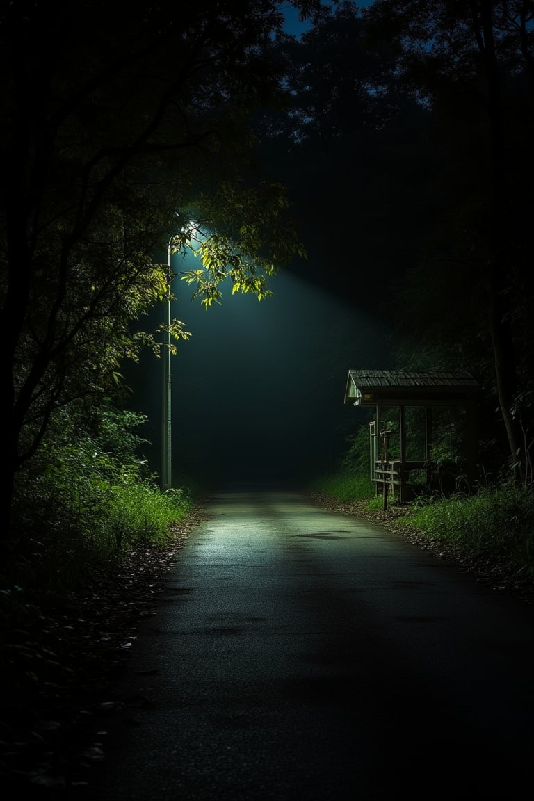 A DSLR-quality image captured at dark night, with a bad flashlight illuminating an old road. The road has a creepy corner where a small, old bus stop stands, surrounded by a big tree and dense bushes. The middle of the road is obscured by thick foliage, and the surrounding forest is very dark, creating an eerie, lonely feeling. The scene is set in a dark Malaysian mangrove forest, with the bus stop and road as the focal points. The lighting is dim and shadowy, emphasizing the creepy atmosphere.