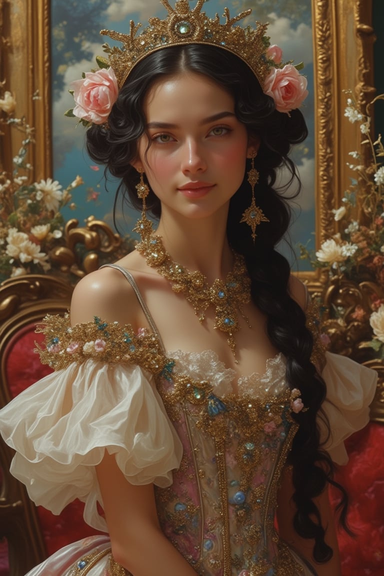 A majestic queen in a Pixomeda style, vibrant and surreal. She is framed in a mid-shot, with black hair braided and wearing a flowy Victorian gown, exuding grace and authority. Soft, regal lighting highlights her elegant features and serene expression. Her pose is poised, with a gentle smile. The composition is balanced, with intricate details and a dreamlike atmosphere. The background is abstract and colorful, enhancing her royal presence.