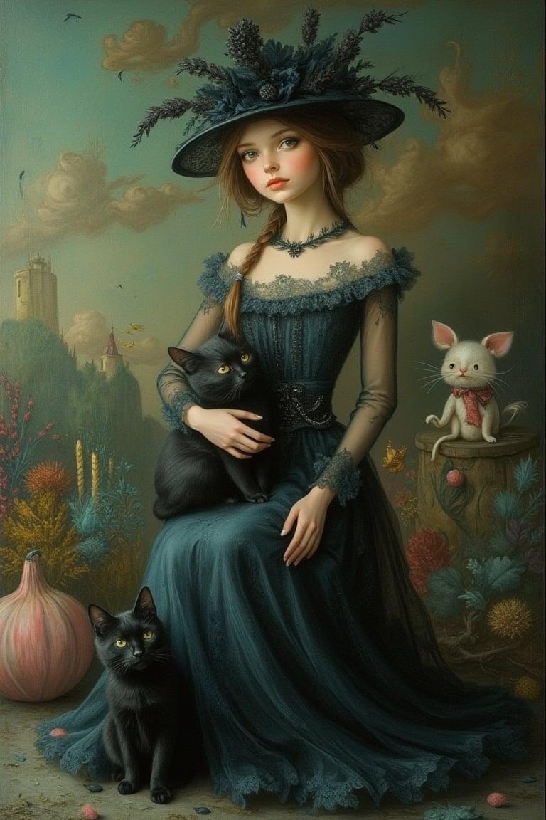 A whimsical scene inspired by Nicoletta Ceccoli and Daria Petrilli, featuring a woman with a black cat. The composition is framed mid-shot, capturing her elegant pose and the intricate details of her attire. The lighting is soft and dreamlike, casting a gentle glow on the scene. The background is a fantastical, surreal landscape with vibrant colors and whimsical elements, emphasizing the magical atmosphere. The black cat is depicted with playful, endearing features, adding to the enchanting mood.