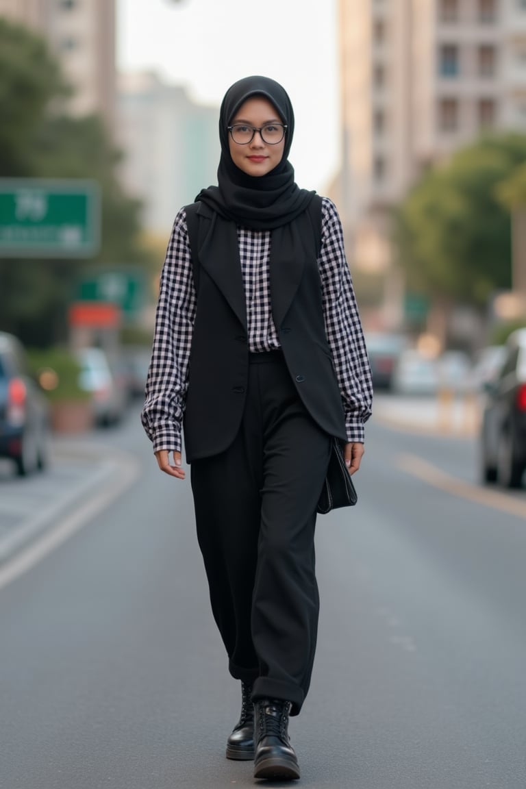 A 25-year-old lady, wearing a plain black hijab, checkered loose long sleeves, stylish cotton plain vest, glasses, and boot shoes, walking on a road in a city, medium shot, urban environment with buildings and streetlights, soft natural lighting, composition focused on her casual yet chic outfit and confident stride, dynamic and modern atmosphere.