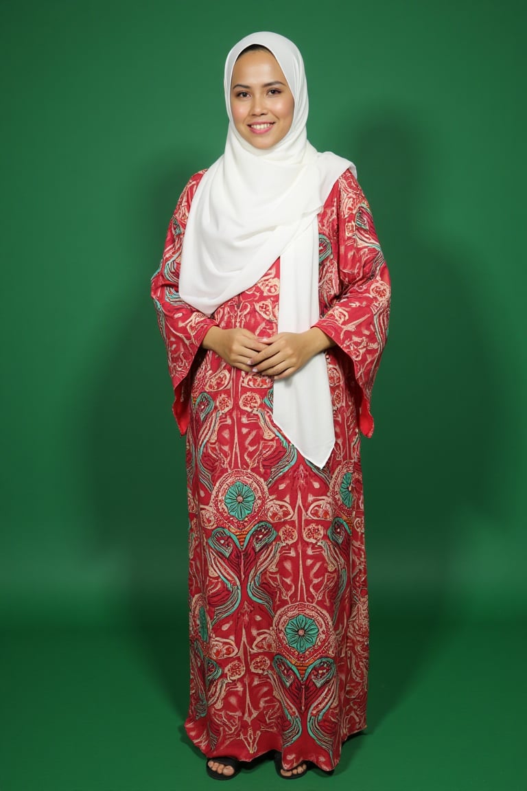 A beautiful Nusantara Malay woman smiling with a flower batik pattern loose kaftan abaya, wearing a white long loose hijab. She stands politely with hands held together, full body shot, facing the camera on a solid green background. --ar 9:16 --style raw --stylize 200 --v 6