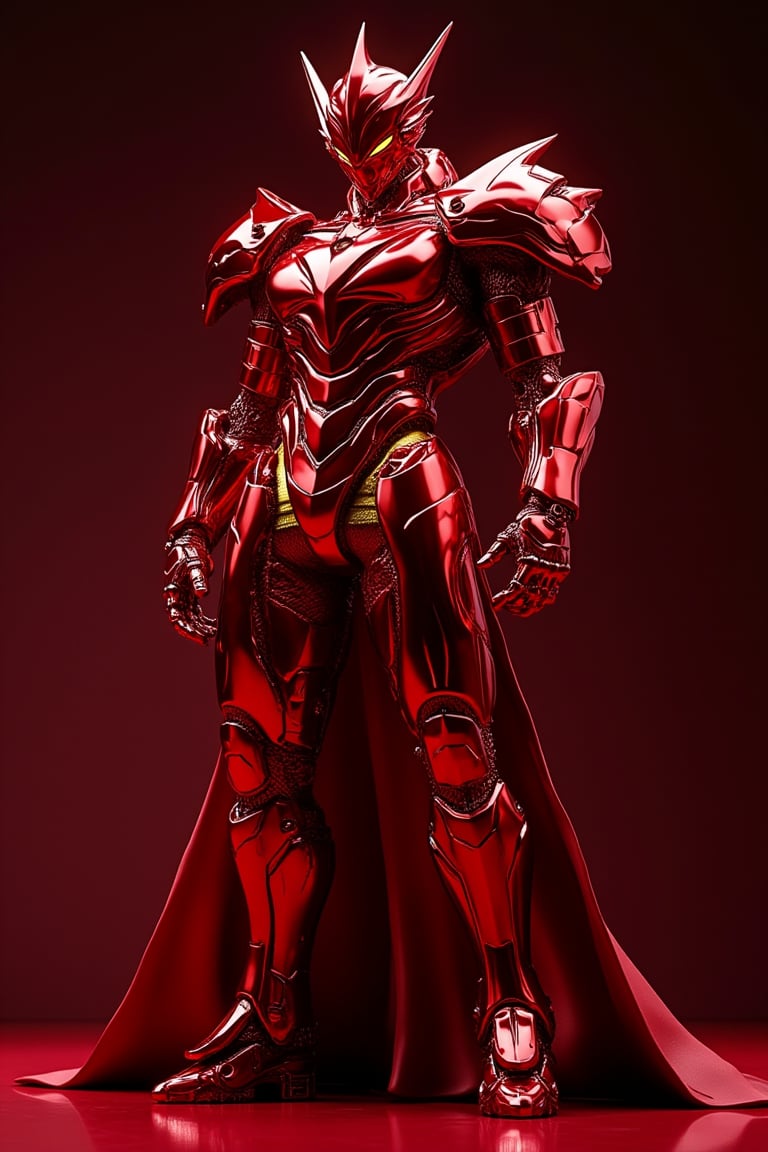 Full body shot of a red and golden Neo Genetic Cyberpunk Royal Guard with chrome-shining bodywork featuring a ceramic effect, designed in the style of Mamoru Nagano and Noriyoshi Ohrai. The figure is illuminated by studio lighting, showcasing polycarbonate bodywork and ceramic details with precision. Set against a dynamic, intense background, the image is rendered in hyper-realism with sharp focus, emphasizing minimalist, intricate details.