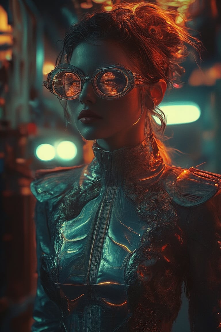 A woman posing confidently, radiant in a metallic dress with digital patterns and neon accents, against a blurred backdrop of vintage circuitry and neon lights. Soft, warm lighting highlights her features, oversized glasses with futuristic lenses reflecting a digital glow. Her stylish gaze is set off by the retro-futuristic atmosphere, as if stepping out of a 1980s time capsule.,NeemoFairy,Liminal Space,Ambience Steampunk 