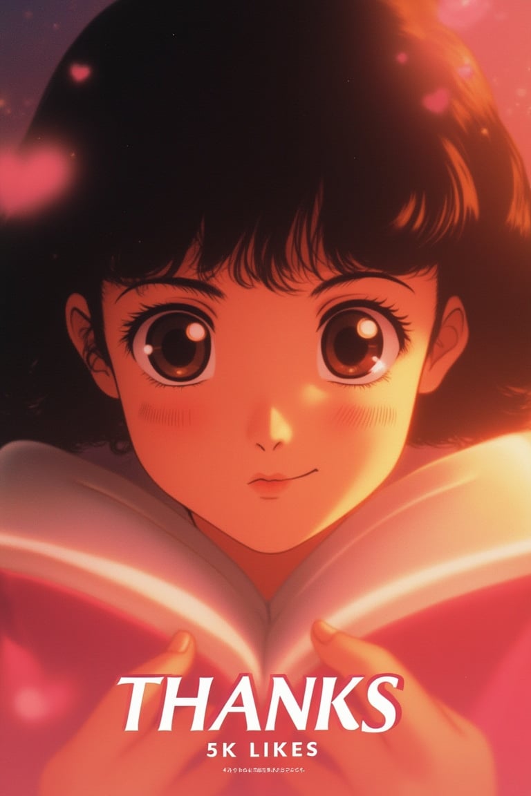 1986 Japanese anime movie poster featuring THANKS 5K LIKES, an anime girl feeling love and gratitude. The poster showcases a close-up shot of the girl, with soft, warm lighting highlighting her expressive eyes and heartfelt smile. The composition emphasizes her emotional state and the warmth of her expression. The background is minimalistic, allowing her to be the focal point. The text is elegantly placed, blending with the serene atmosphere of the scene. The overall design captures the essence of love and gratitude.