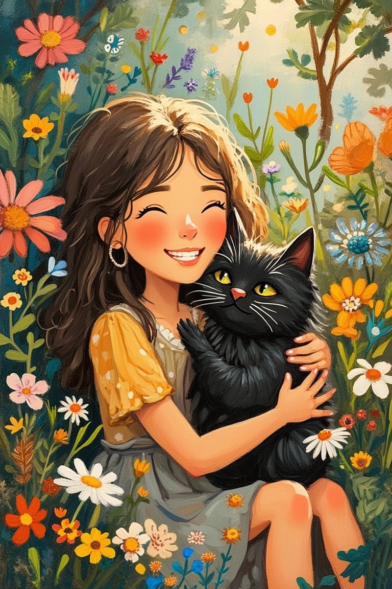 A Tove Jansson-inspired illustration of a woman hugging a black cat in a garden, radiating a happy mood. The soft, warm light highlights her joyful expression and the cat's contented face. The composition is intimate, with the woman and cat nestled together in a lush, floral garden. The overall tone is whimsical and serene, capturing a moment of pure happiness and connection.