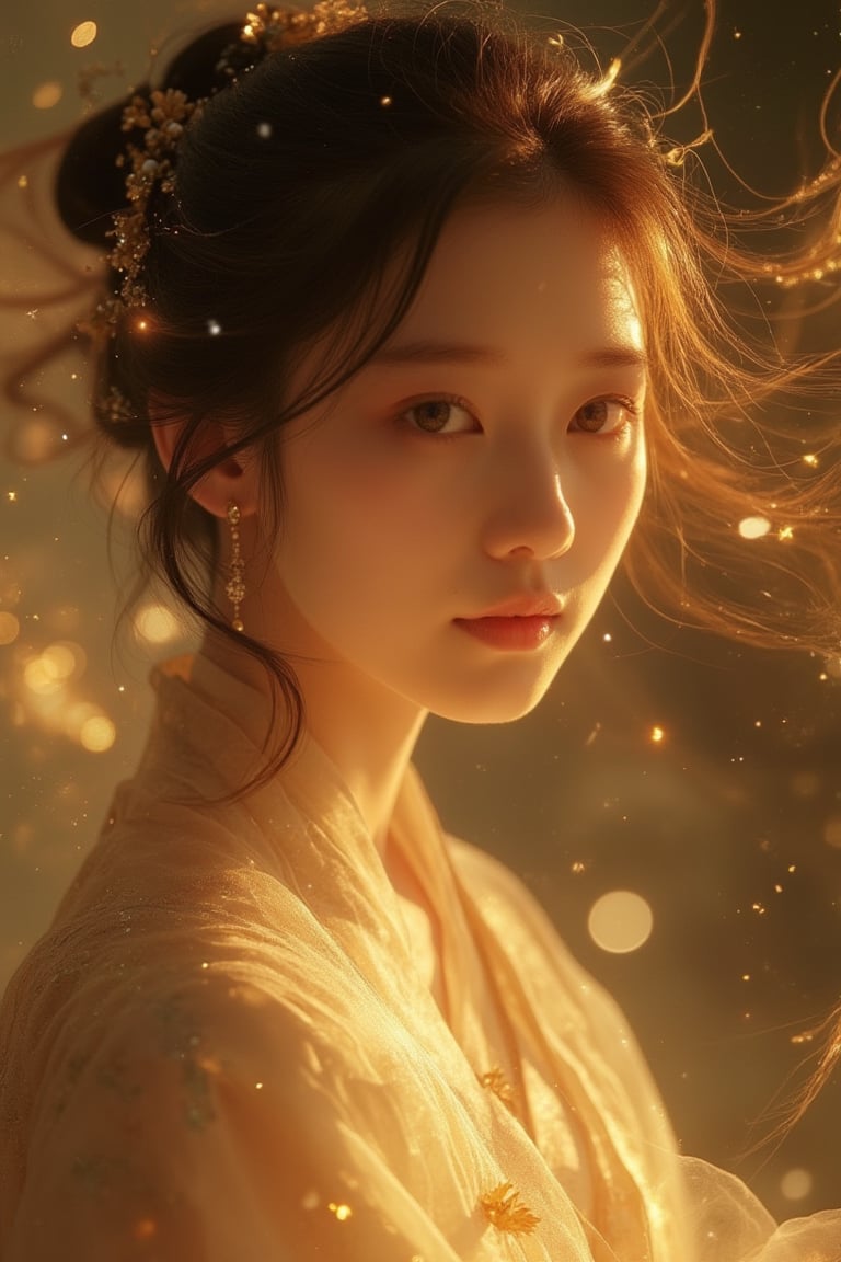 Close-up portrait of a Korean woman with flowy hair, illuminated by soft, warm lighting. The composition focuses on her serene expression and the gentle movement of her hair, with the light highlighting the intricate details of her features and hair. The background is slightly blurred, drawing attention to the woman's graceful presence. The overall mood is elegant and tranquil.