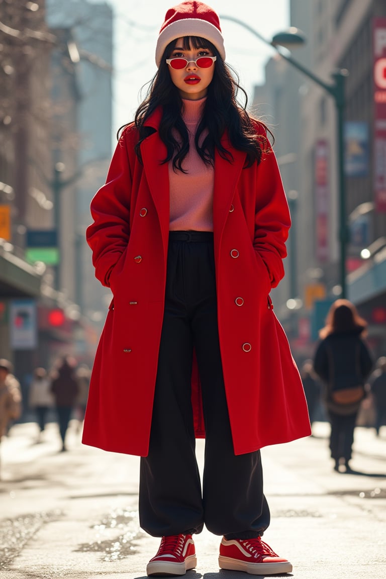 Full-body image of a cheeky girl in the NijiMax style, wearing a red long trench coat, red glossy lips, and a snow cap. She has long black pants, wavy long black hair, and sneakers, standing in a city setting. The scene is brightly lit, highlighting her vibrant outfit and expressive pose. The composition captures her full figure, emphasizing the whimsical and dreamy essence of the NijiMax art style.