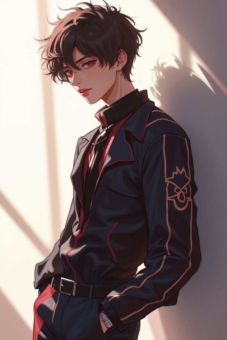 A male anime-style character is depicted in a portrait, with his body facing to the side. The scene is in 2D, capturing the expressive and dynamic essence of anime art. The composition focuses on his detailed facial features and stylish outfit, with soft lighting enhancing the overall aesthetic.