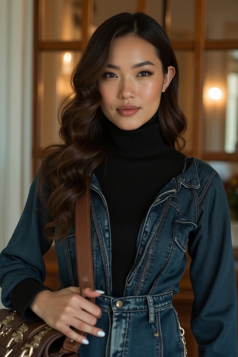 An advanced American-French model, stylish in a sweater with a turtle neck, wavy long hair, glossy lips, pictured indoors, showing a bag, wild yet simple and advanced, denim color, retro style, 8k resolution, medium shot, soft indoor lighting, composition highlighting her elegant outfit and the retro bag, sophisticated and vintage atmosphere.