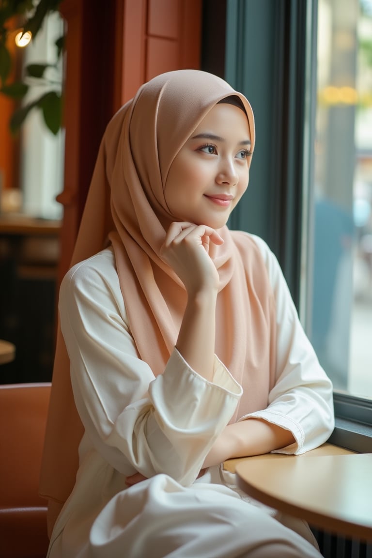 A young lady, wearing a baju kurung, fashionista style, long loose pastel hijab, plain yet vibrant color cloth, sitting in a cafe, looking outside from a cafe window, medium shot, warm cafe lighting, composition centered on her stylish outfit and contemplative expression, cozy and vibrant atmosphere.