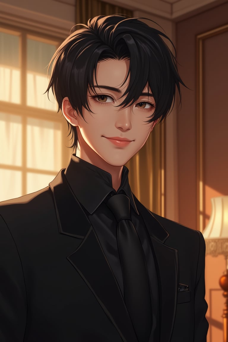 A 25-year-old man in an anime Niji style, with short straight black hair and brown eyes, is depicted in a fancy office, wearing a black suit. He smiles confidently, with bright lighting and soft, flattering shadows. The scene captures the elegant and professional atmosphere, highlighting his stylish outfit and confident demeanor.