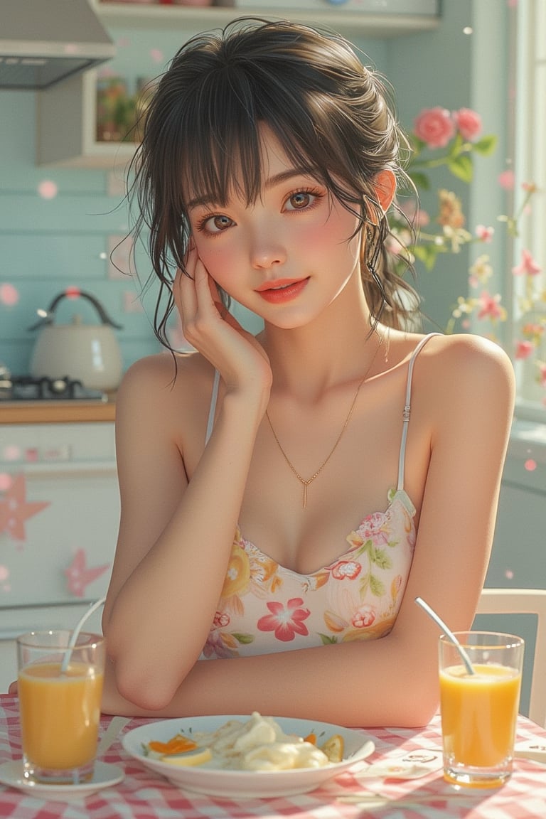 Hyper-realistic anime girl, close-up face, having breakfast at a kitchen table, dressed in casual attire, soft morning lighting, centered composition, detailed facial features, warm skin tones, gentle smile, slight blush, serene expression, modern kitchen background, pastel color palette, slight breeze in hair, calm atmosphere.