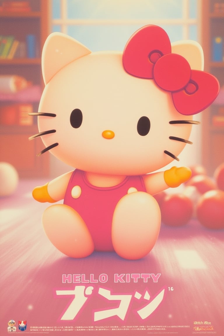 1986 Japanese anime movie poster featuring HELLO KITTY, the cute character from the Hello Kitty series. The poster showcases a close-up shot of Hello Kitty, with soft, warm lighting highlighting her adorable features and colorful design. The composition emphasizes Hello Kitty's joyful demeanor and the playful nature of the scene. The background is minimalistic, allowing Hello Kitty to be the focal point. The text is elegantly placed, blending with the gentle atmosphere of the scene. The overall design captures the essence of happiness and playfulness.