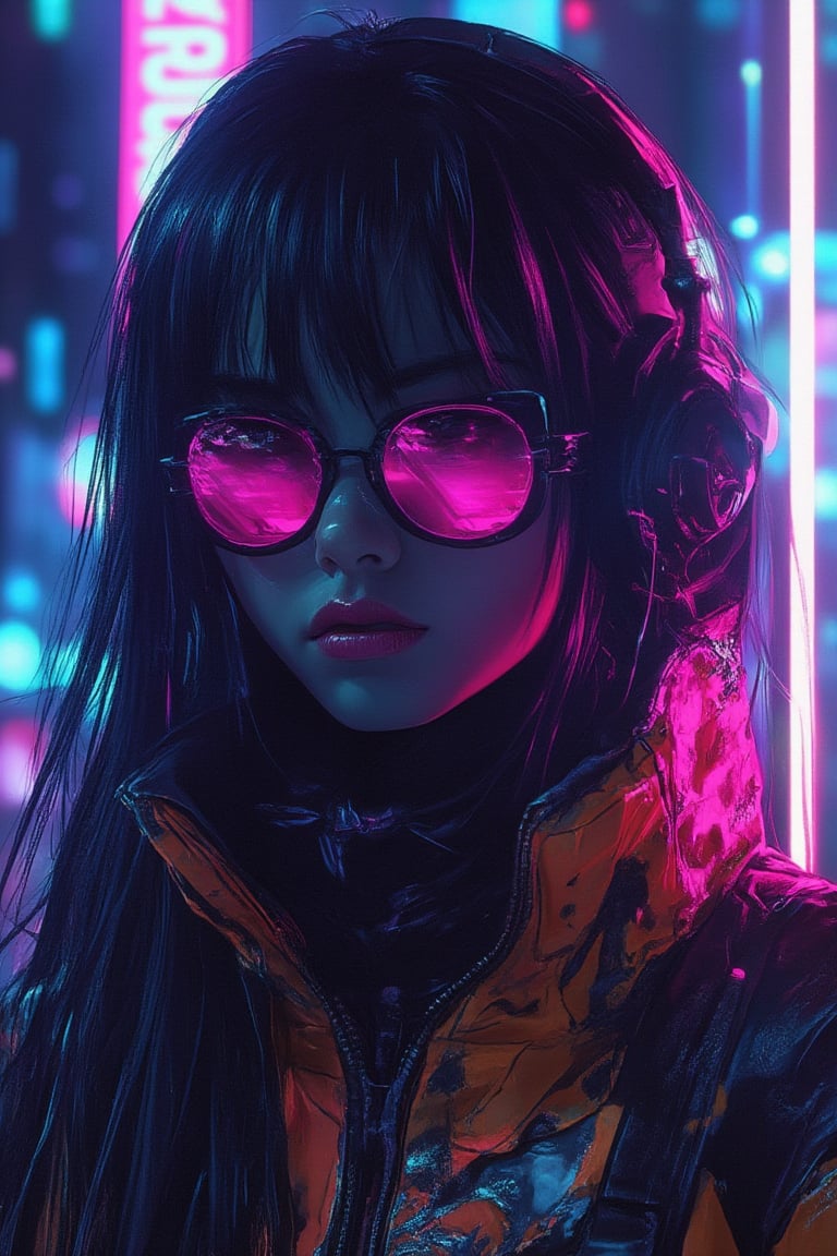 A striking Asian girl stands in a vibrant cyberpunk setting, adorned in Harajuku fashion with glossy lips. Her outfit features bold, eclectic patterns and neon colors, blending traditional Japanese elements with futuristic tech. The scene is framed in a close-up, focusing on her expressive face and glossy lips. The lighting is a mix of cool blues and warm pinks, creating a high-contrast, glossy effect that highlights her unique style.,NijiMax,bladesxhan23