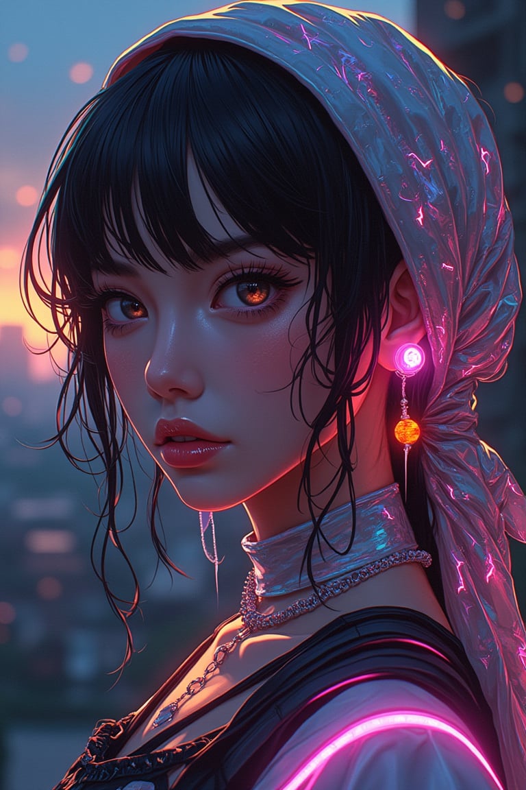 An iconic girl is reimagined with crisp anime lines and an electric color palette, featuring exaggerated anime eyes. Her headscarf is now a flowing holographic material, shifting in neon colors, while her pearl earring is transformed into a glowing cybernetic implant, casting a soft light on her delicately drawn anime face. Her clothing merges 17th-century fashion with futuristic armor, set against a backdrop of a cyberpunk cityscape, rich with Vermeer's interplay of light and shadow. The scene maintains the essence of the original with a modern, animated Niji twist.